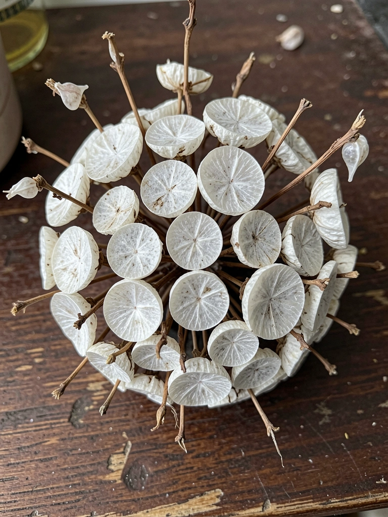 Flor seca de lunaria annua com sépalas translúcidas sobre fundo claro.
