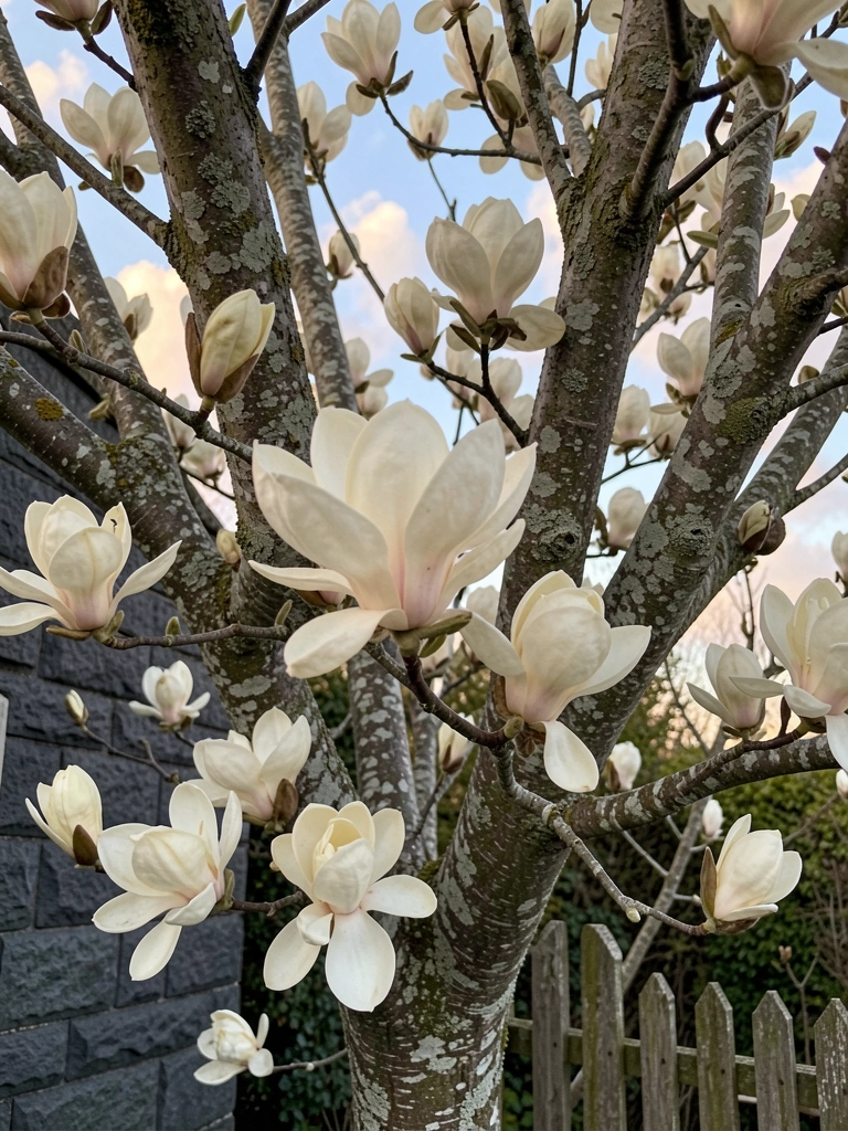 Árvore magnólia com flores brancas em jardim antigo, iluminada pela luz suave do entardecer