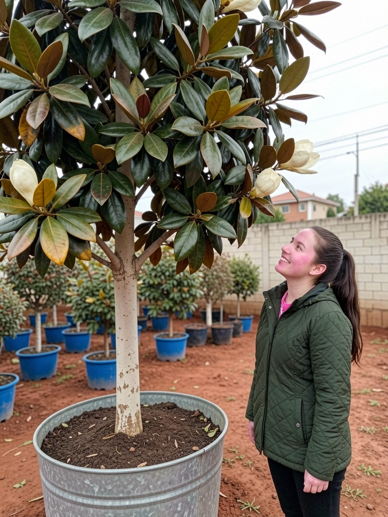 Folhas coriáceas verdes e flores de magnólia brancas em close, com detalhes das pétalas e texturas