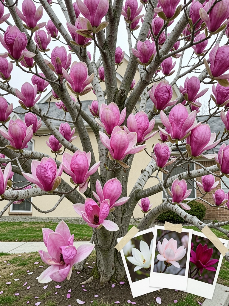 Colagem de flores de magnólia com nomes das espécies escritos embaixo de cada uma