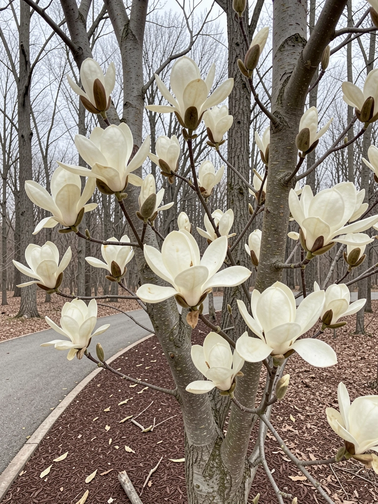 Flores brancas de Magnolia officinalis com botões fechados entre folhas verdes