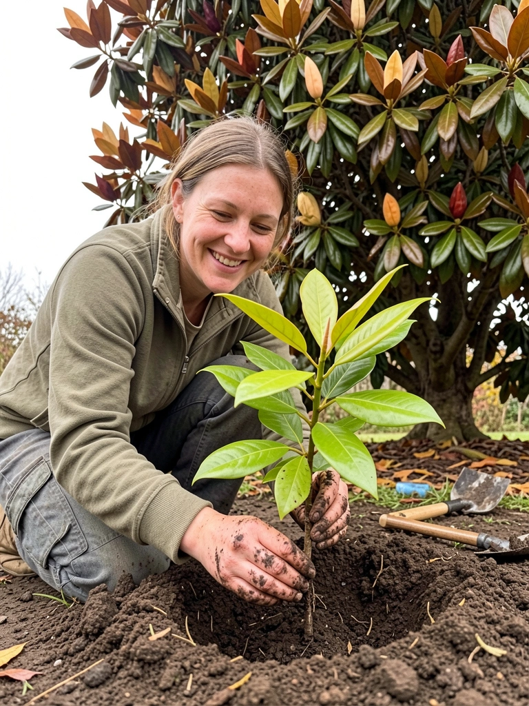 Mãos plantando muda de magnólia em solo preparado
