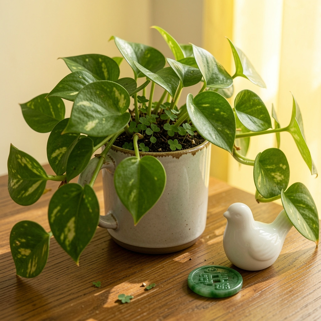 Planta jiboia em vaso sobre mesa de madeira, com cristais e incenso ao lado, iluminada por luz natural.