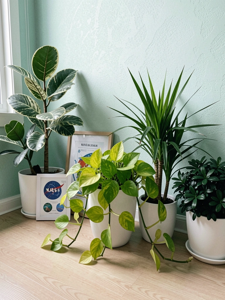 Planta jiboia com folhas verdes e amarelas ao lado de um gráfico da NASA sobre purificação do ar.