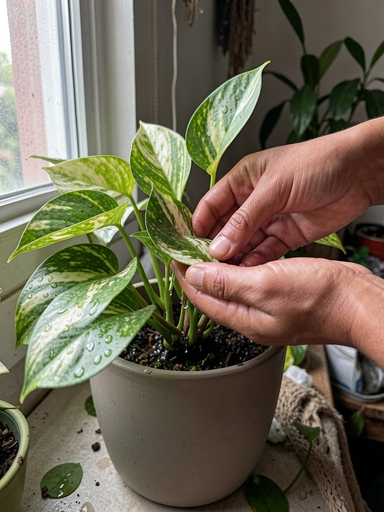 Mãos regando uma jiboia em vaso de cerâmica com fundo de folhagens naturais.