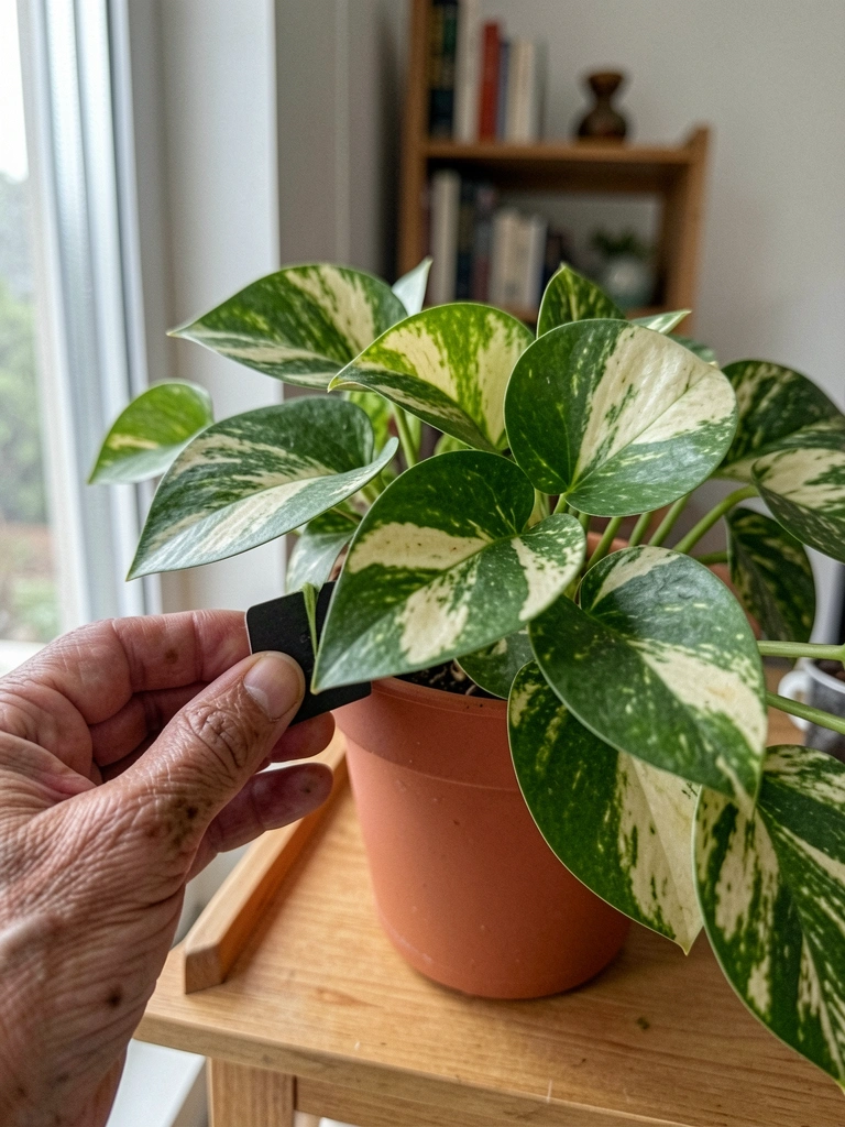 Vaso com planta jiboia sobre estante de madeira, com folhas verdes pendentes e luz indireta vinda de uma janela ao fundo.