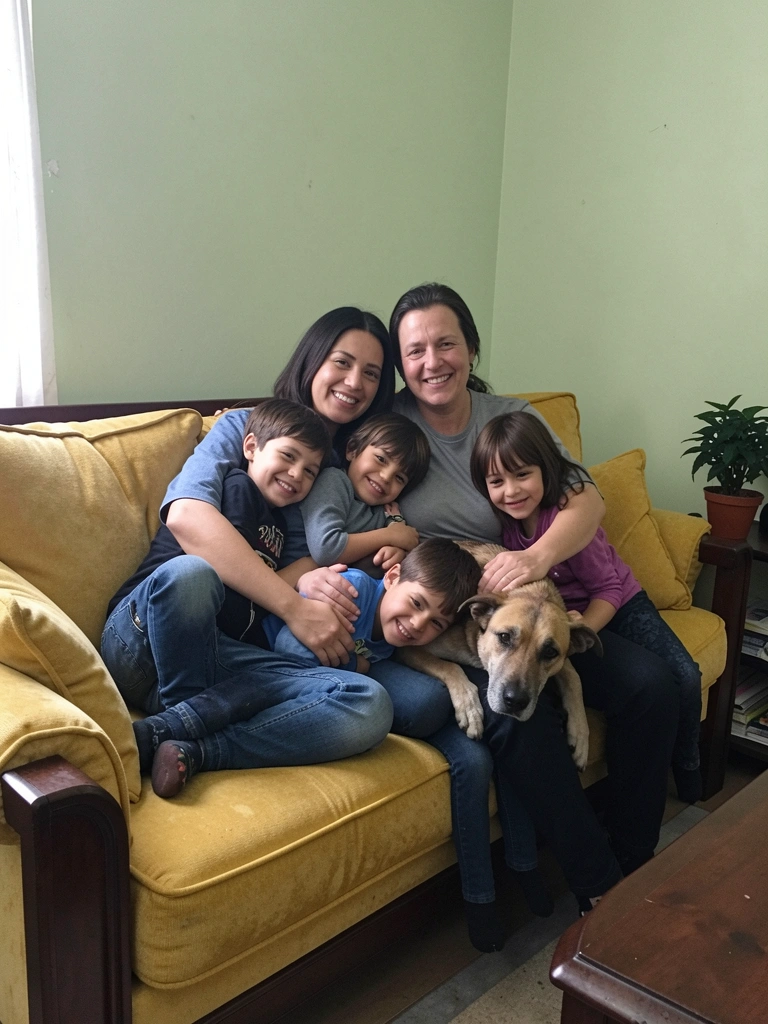 Família com duas crianças e um cachorro sentados em sofá de tecido na sala de estar