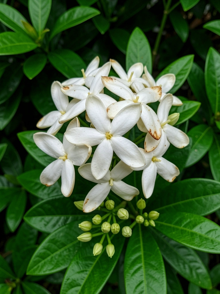 Close de flores brancas de murta com folhas verdes vibrantes ao fundo
