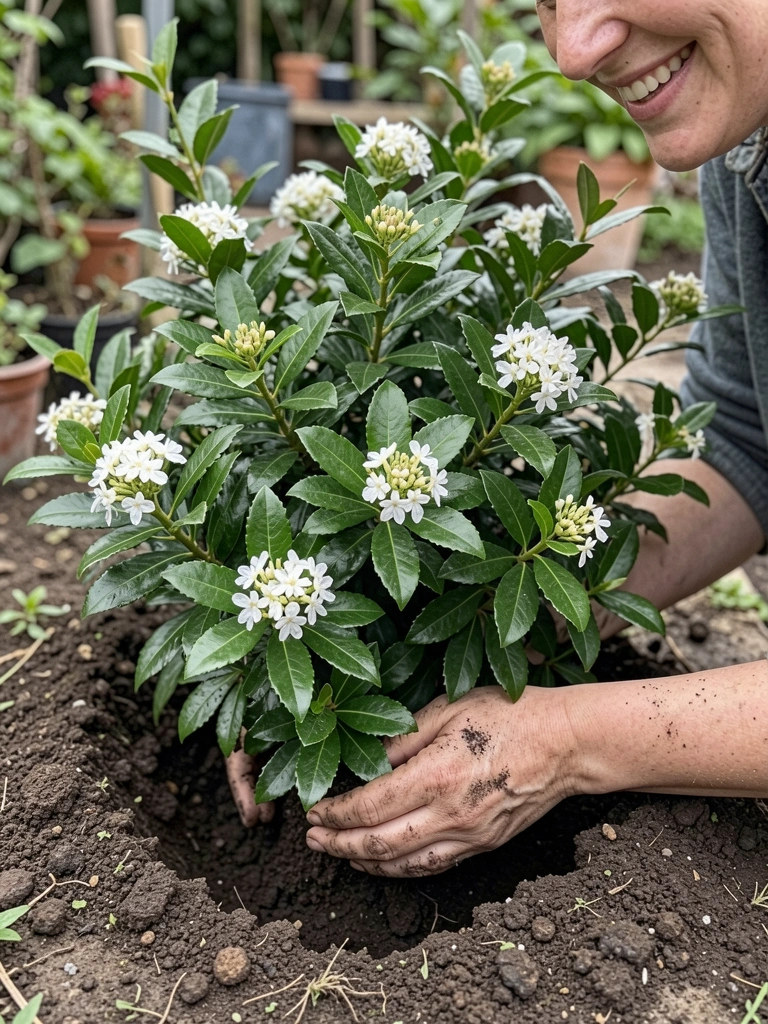 Mãos plantando muda de murta em cova com terra compactada