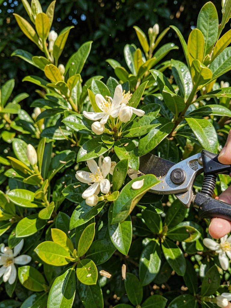 Tesoura de poda cortando folhas de murta, com folhas ao sol
