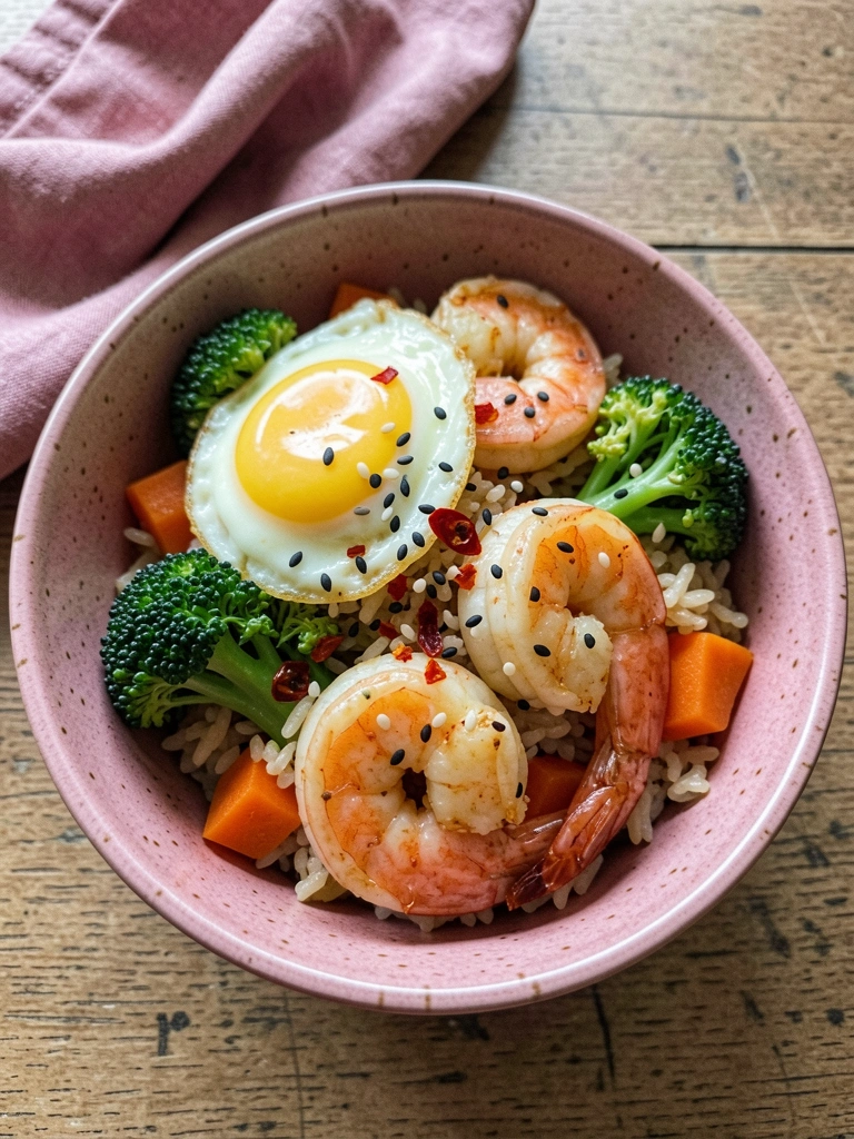 Prato de nasi goreng com ovo frito ao centro, ervilhas, cenoura e cebolinha espalhados.