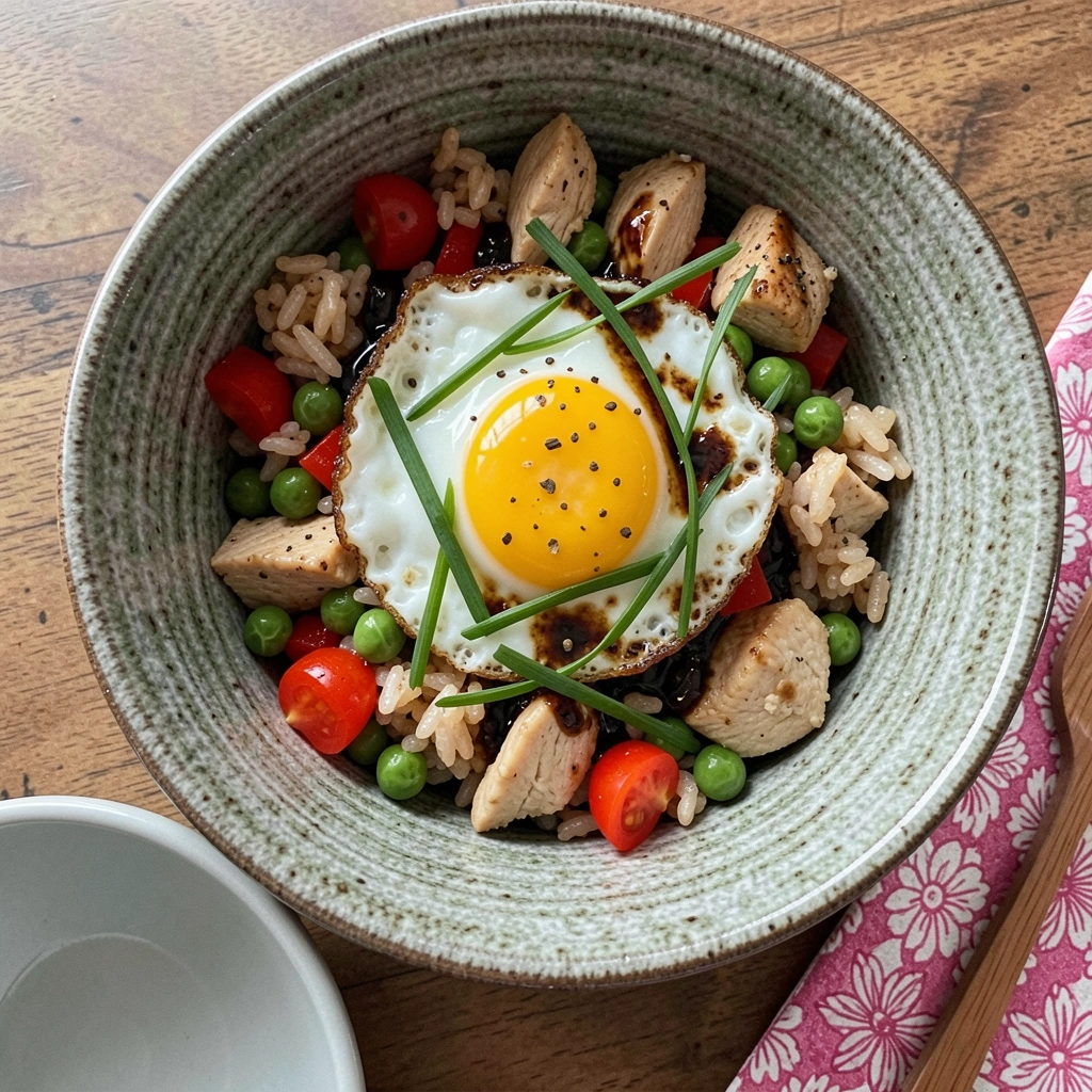 Ingredientes para nasi goreng dispostos em uma tábua: arroz frio, frango desfiado, ovos, molhos e legumes coloridos.