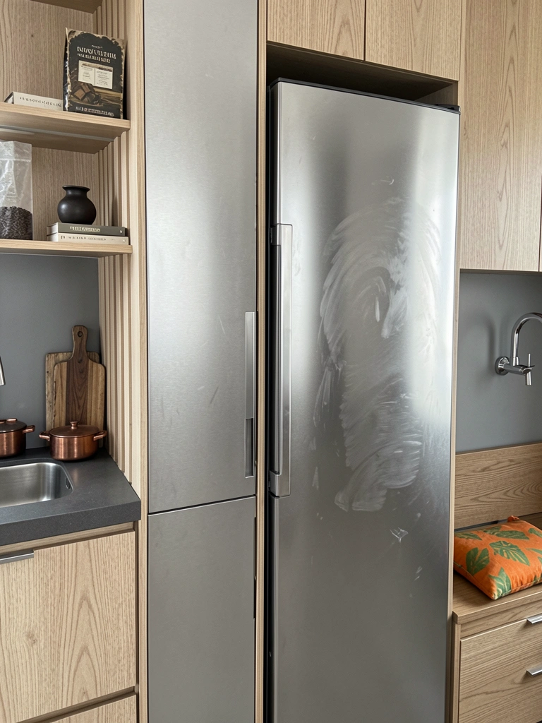 Duas geladeiras lado a lado: uma com porta de aço aparente e outra revestida com painel de madeira