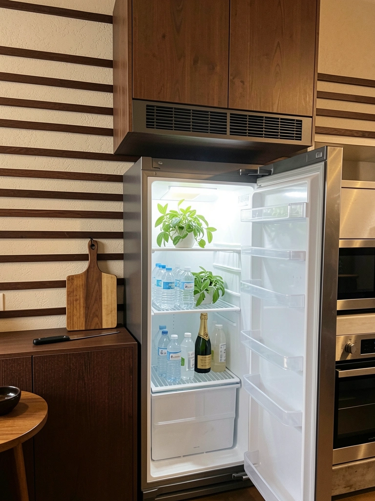 Armário superior instalado acima da geladeira com fresta de ventilação entre os módulos