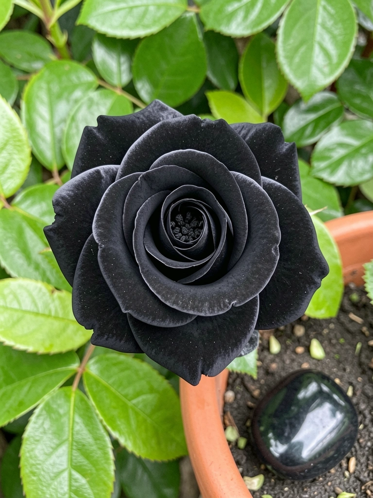 Close de pedra preta polida ao lado de uma flor escura