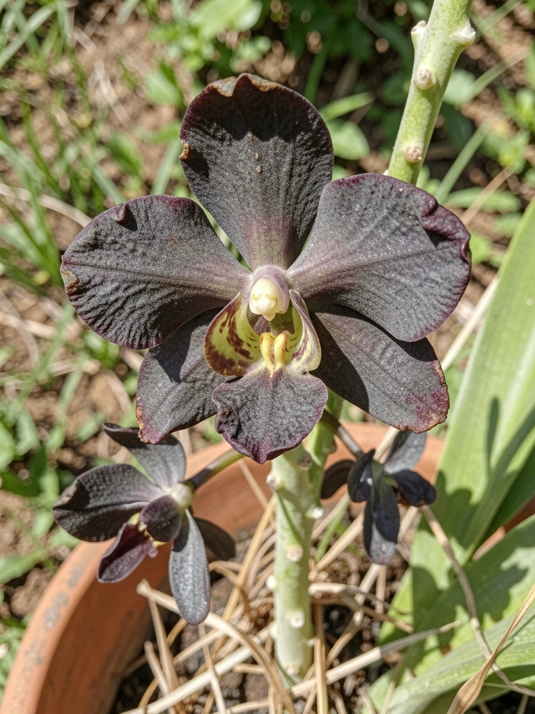 Close de orquídea escura em vaso de cerâmica, pétalas com textura visível