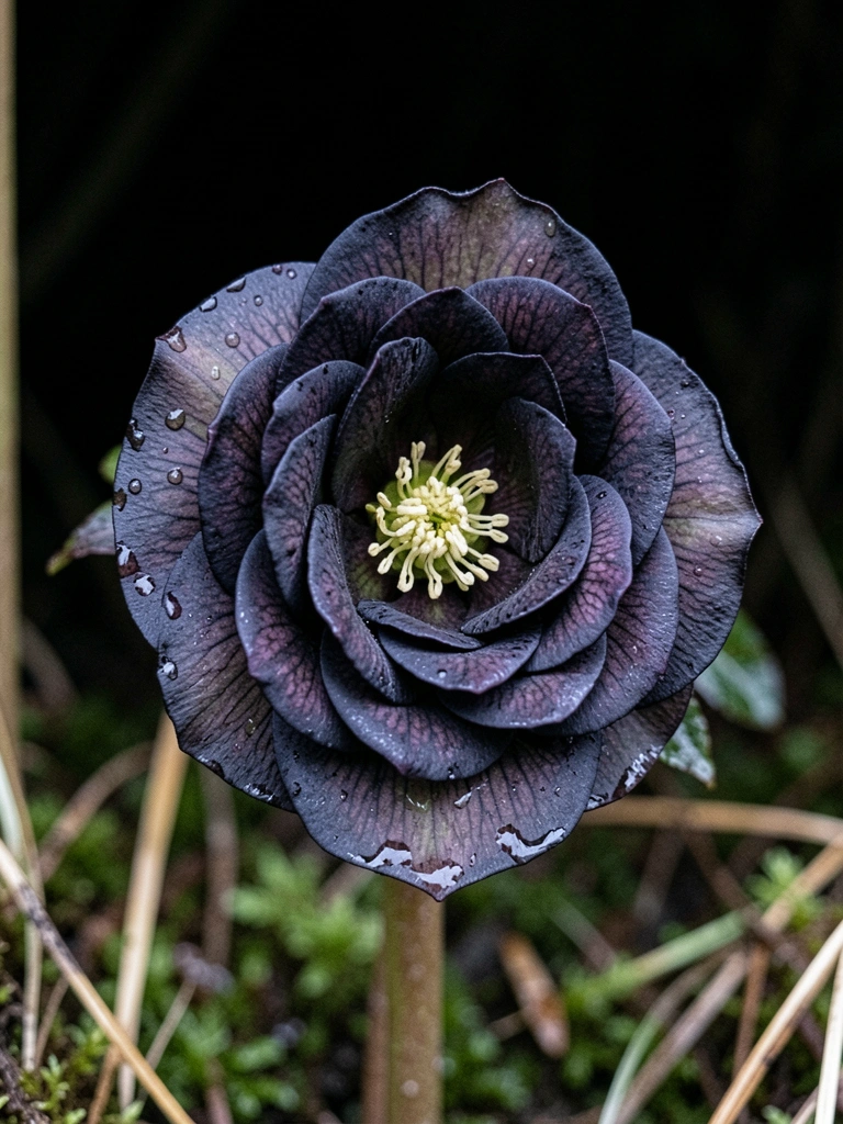 Rosa negra com gotas de orvalho sobre fundo preto, iluminação dramática destacando as pétalas.