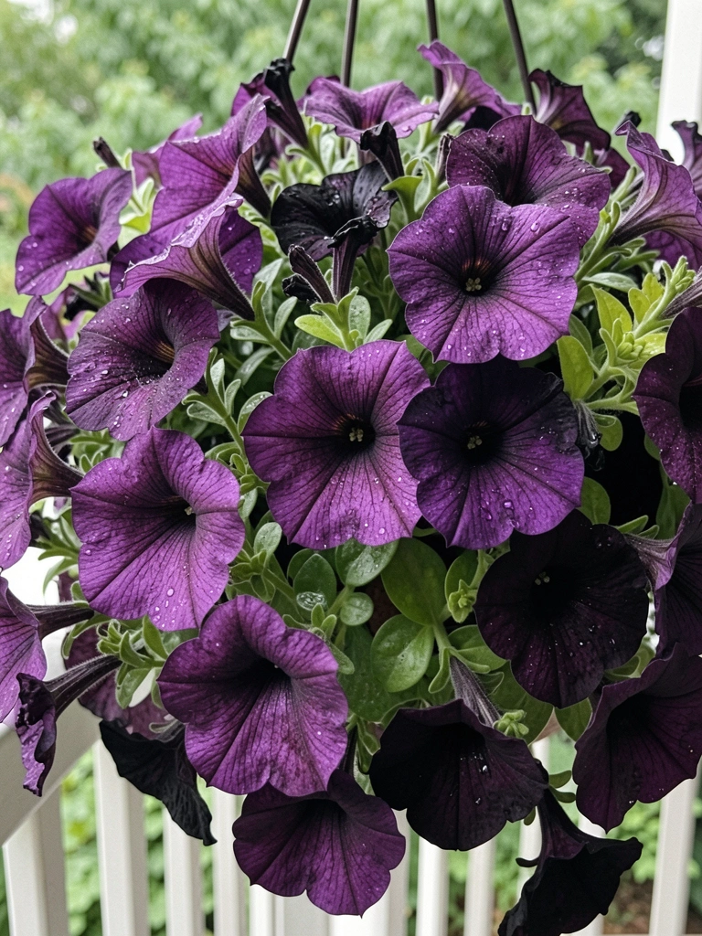 Petúnia preta em jardineira pendurada, com flores escuras e folhagem verde