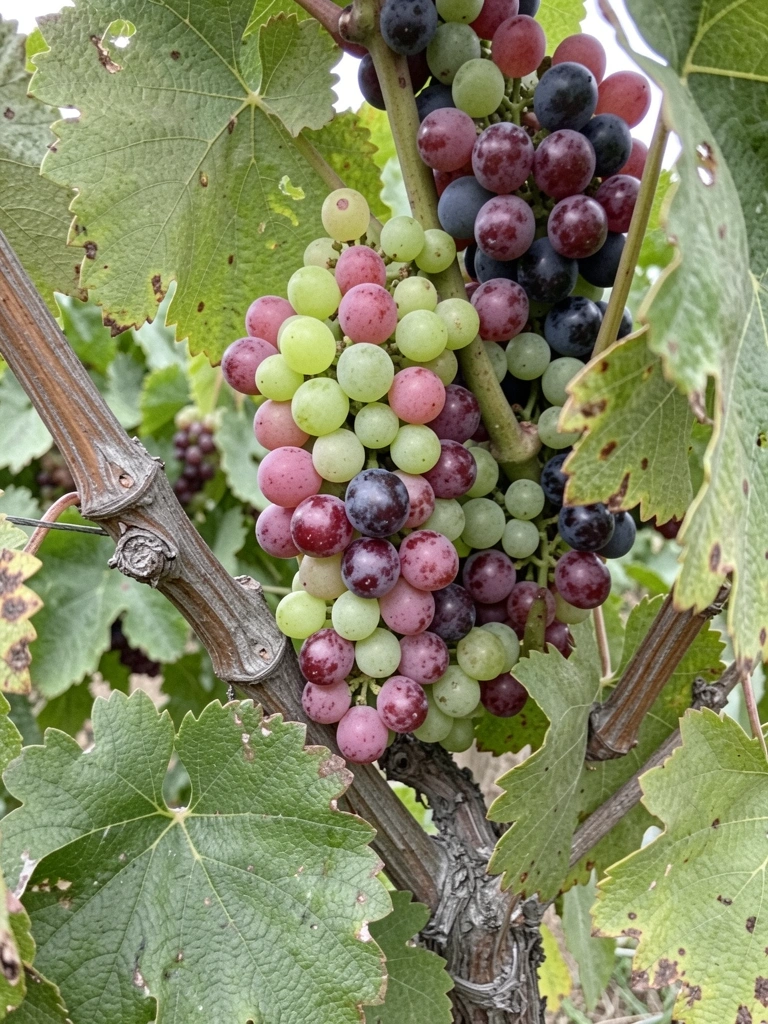 Cachos de uvas verdes, vermelhas e pretas pendurados em uma videira.