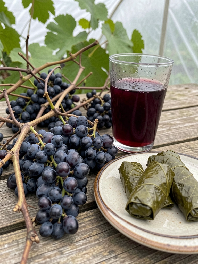 Taça de vinho tinto ao lado de suco de uva e folhas recheadas em uma mesa de madeira.