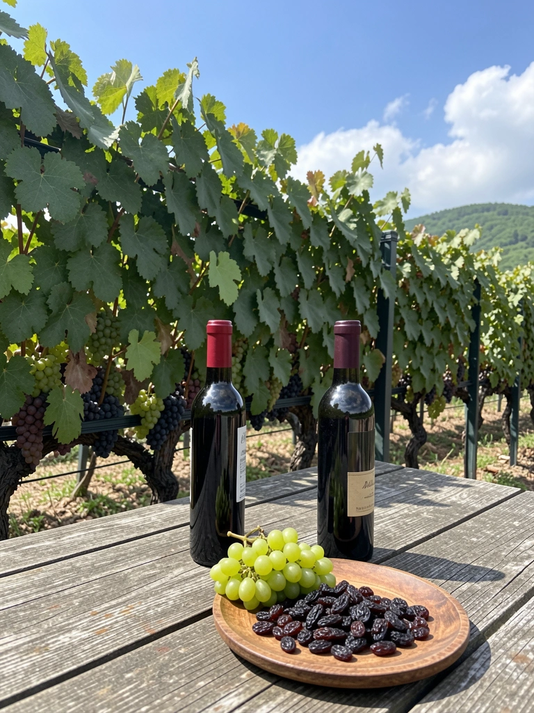 Uvas frescas, uma garrafa de vinho tinto e uvas passas sobre uma mesa de madeira.