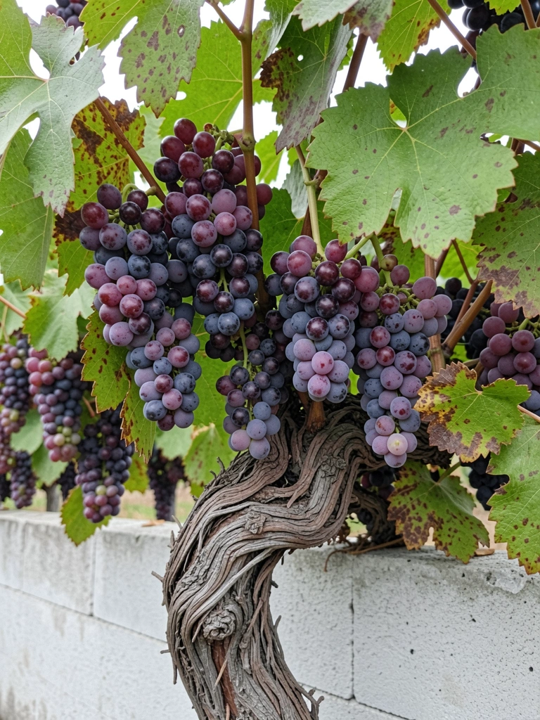 Tronco retorcido de videira com cachos de uvas pendurados.