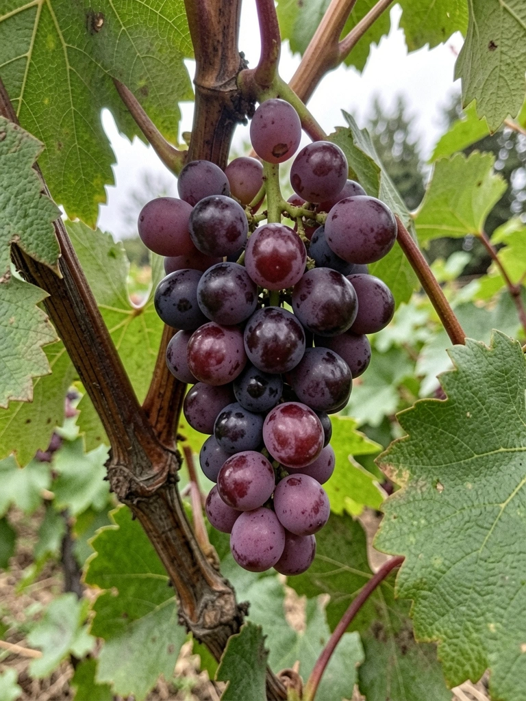 Videira e parreira lado a lado em um jardim ensolarado, com folhas verdes e cachos de uvas.