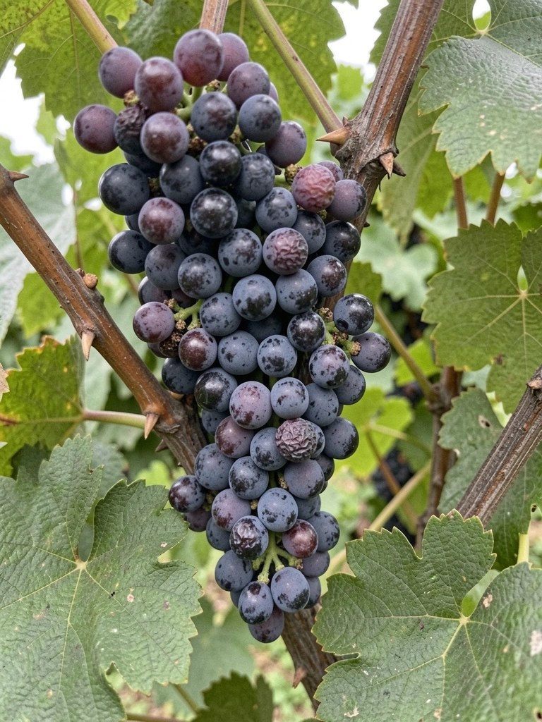 Folhas lobadas verdes e cachos de frutos roxos pendentes de uma videira.