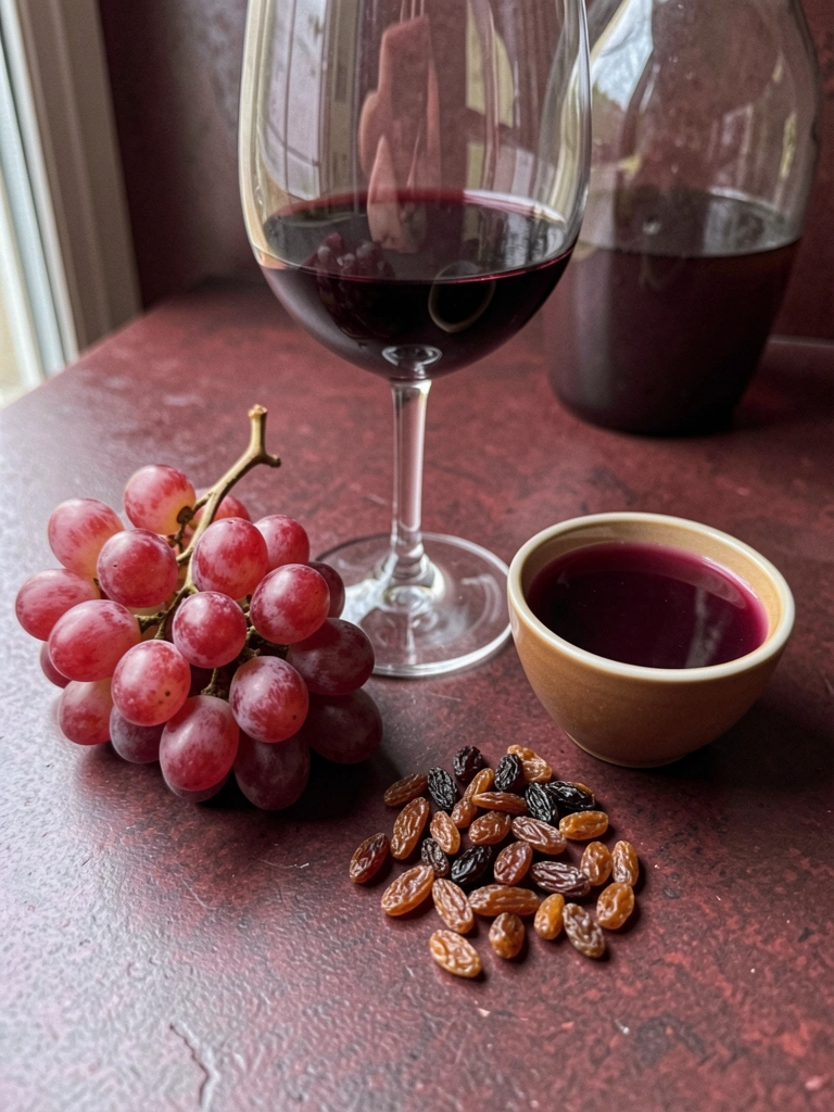 Uvas frescas, taça de vinho tinto, copo de suco e passas dispostos sobre uma mesa de madeira.