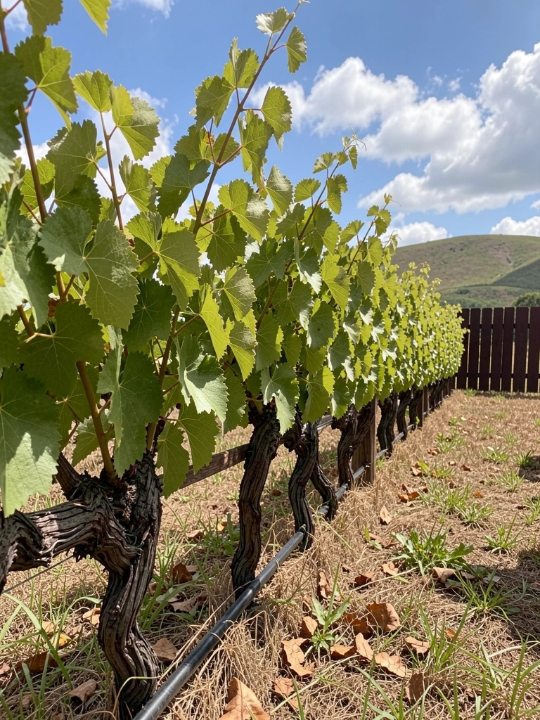 Videira com cachos de uvas roxas pendurados entre folhas verdes, sob luz natural.