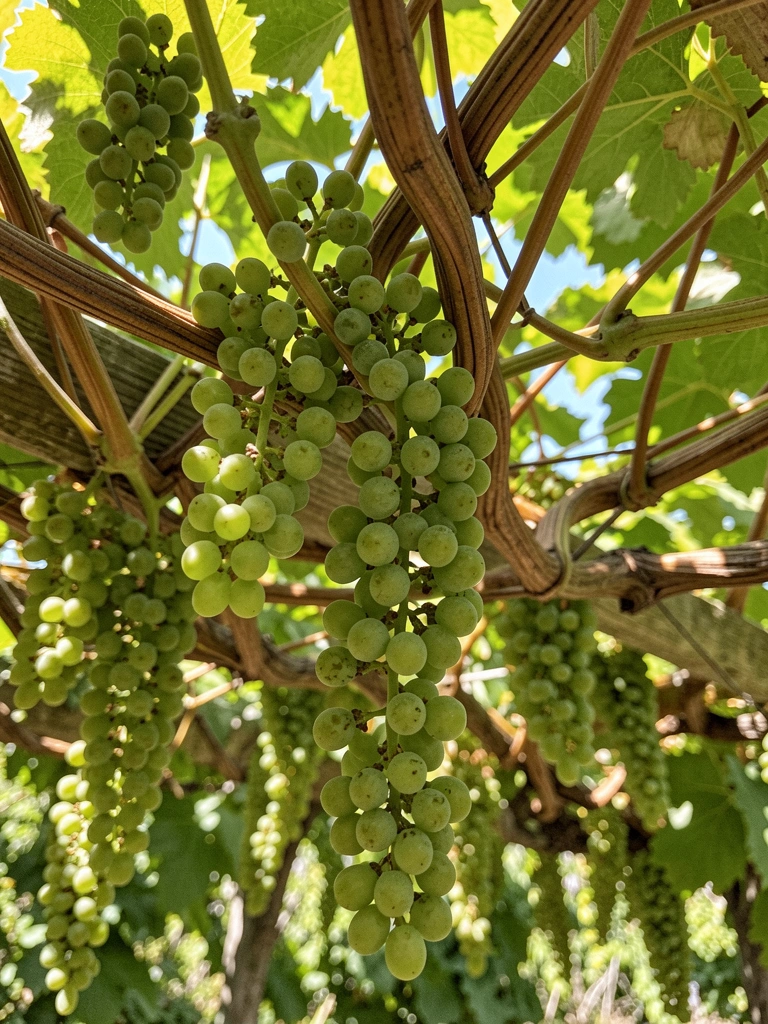 Videira em parreira sob luz do sol, com folhas verdes e cachos de uvas.