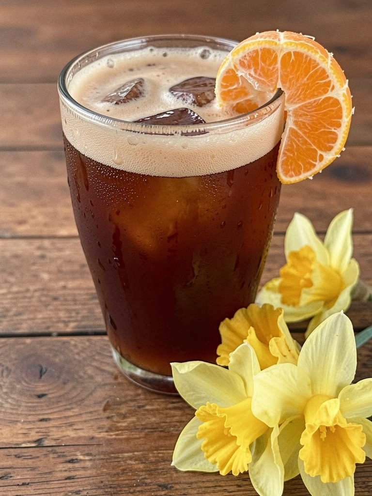 Copo de orange americano com gelo e fatia de laranja sobre mesa de madeira