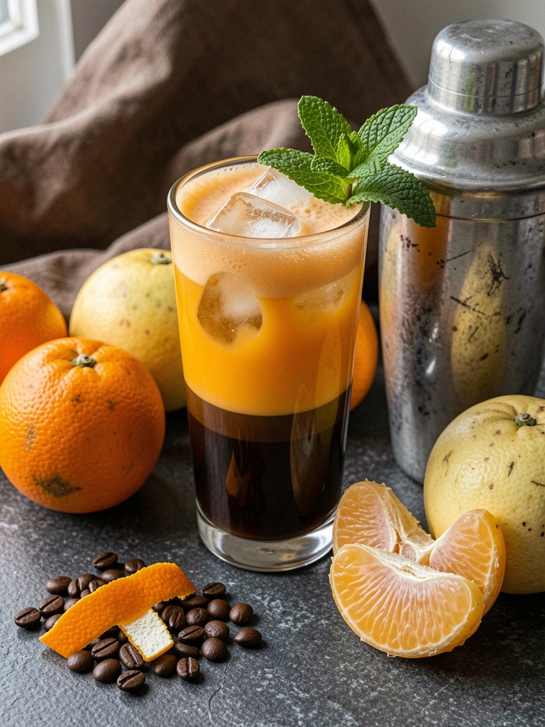 Espresso servido em xícara branca com fatia de laranja ao lado, e grãos de café sobre cascas de laranja secas