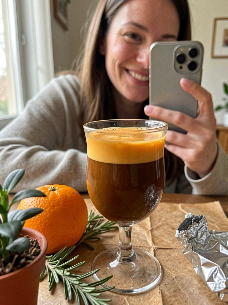 Pessoa coando café com laranja em uma xícara, filmando com o celular apoiado na bancada.