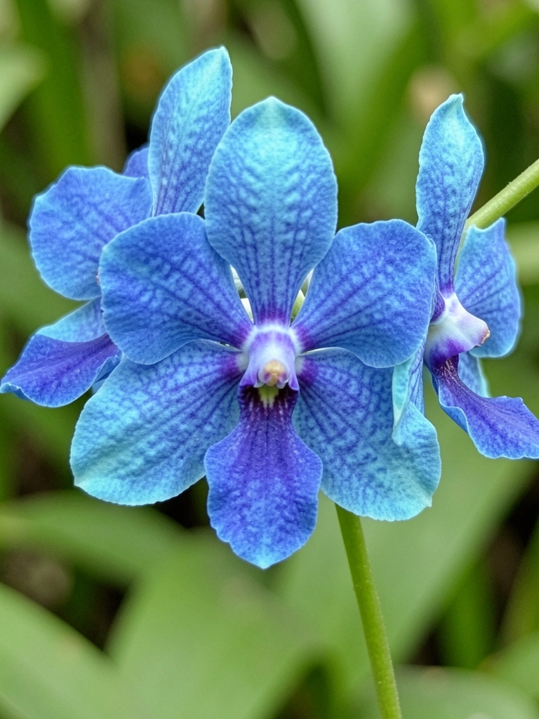 Orquídea Vanda coerulea com pétalas azuis e fundo verde desfocado.