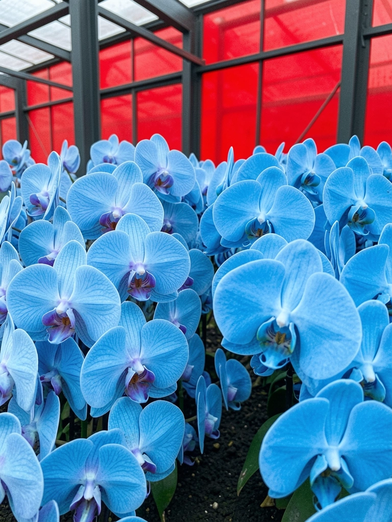 Comparação entre uma orquídea Vanda coerulea de pétalas azuis naturais e uma Phalaenopsis com coloração azul artificial.