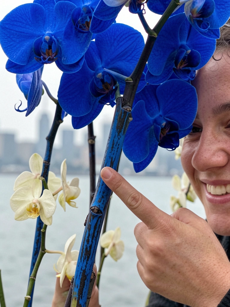 Mão apontando para haste de orquídea tingida de azul com pigmento concentrado.