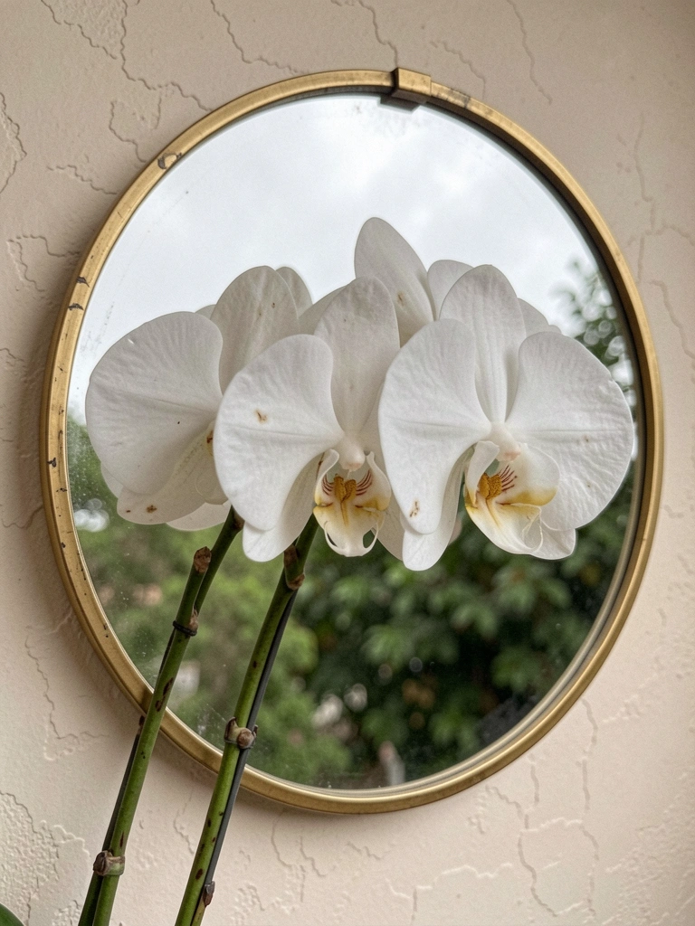 Orquídea phalaenopsis branca com pétalas abertas e botões fechados, em vaso sobre superfície clara.