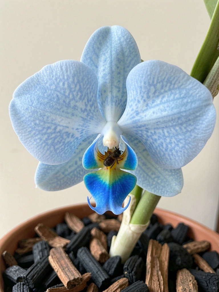 Orquídea Vanda coerulea com flores azuis em vaso com substrato grosso, sob luz natural.