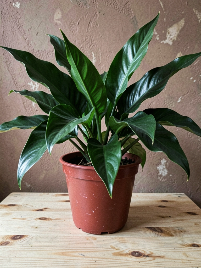Folhas grandes e brilhantes de pacová em vaso decorativo, com textura tropical e luz suave.