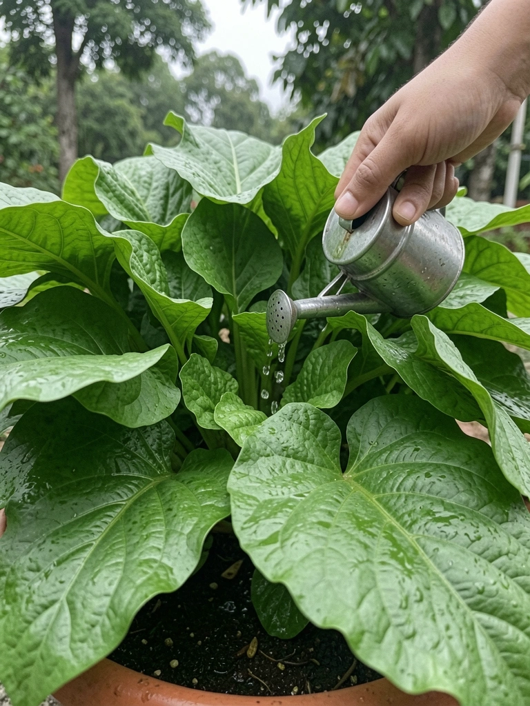 Mão segurando regador sobre vaso com folhas verdes de pacová, luz suave ao fundo.