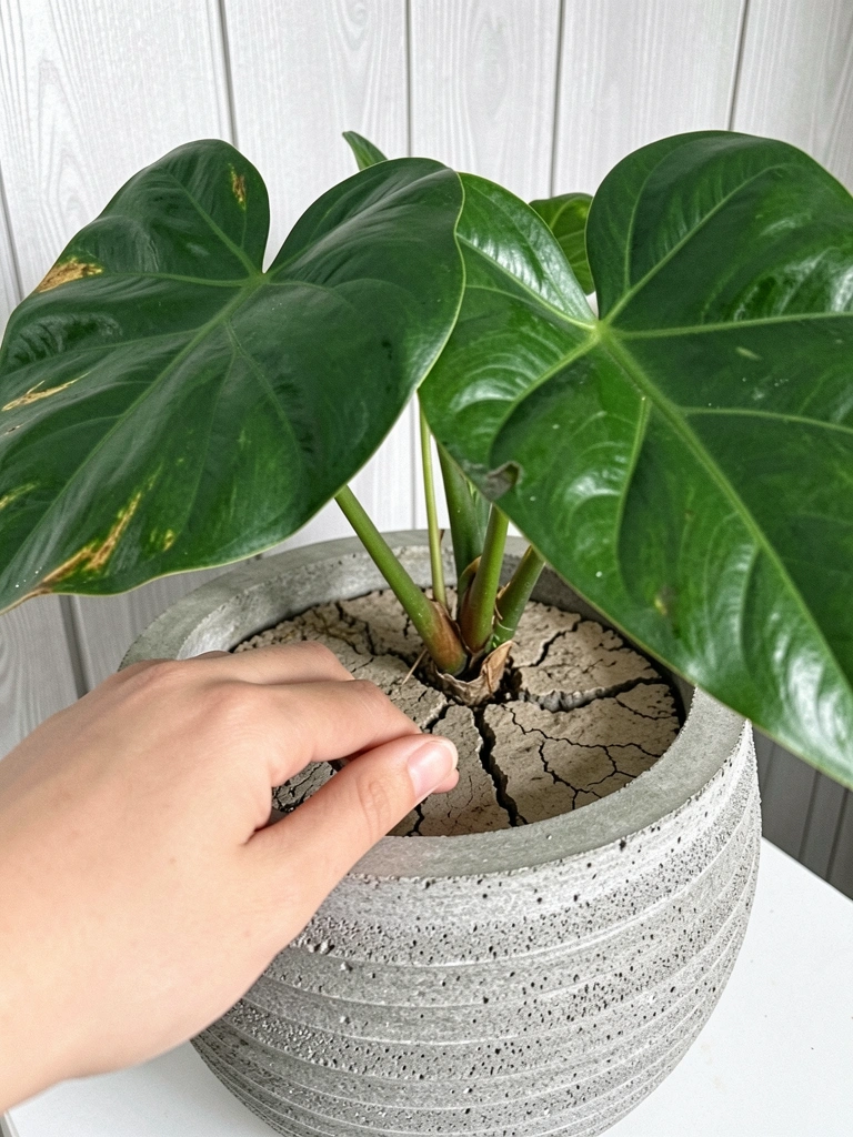 Dedo tocando terra seca e rachada em vaso com folhas verdes de pacová.