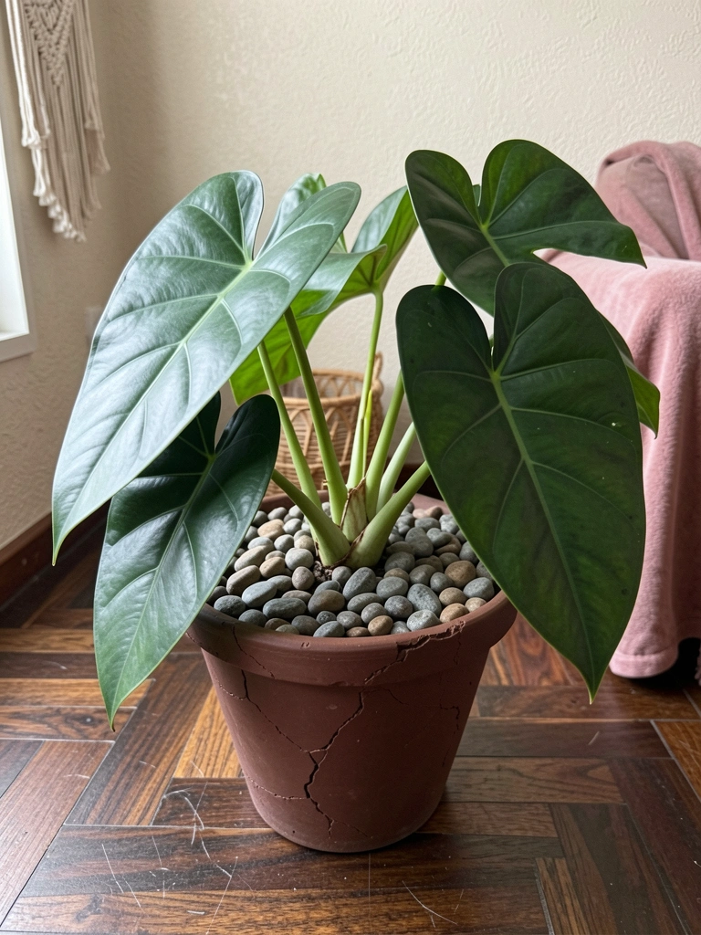 Sala de estar com parede branca, sofá bege, almofadas estampadas e vaso com pacová ao lado da janela.