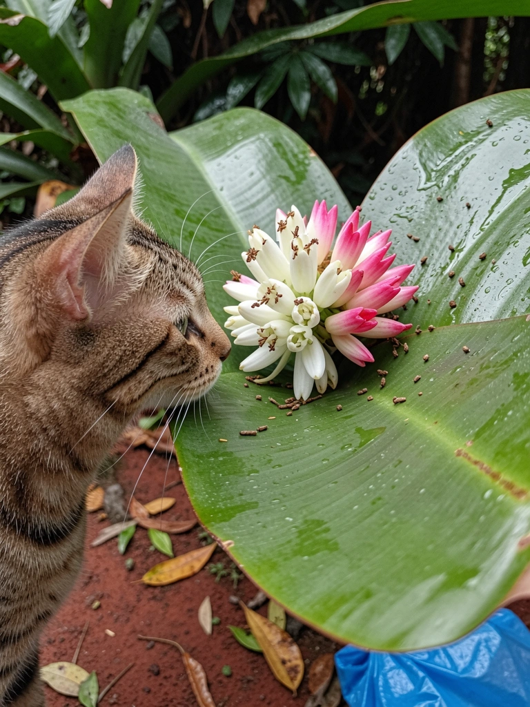 Gato laranja com orelhas atentas próximo a folhas verdes de pacová