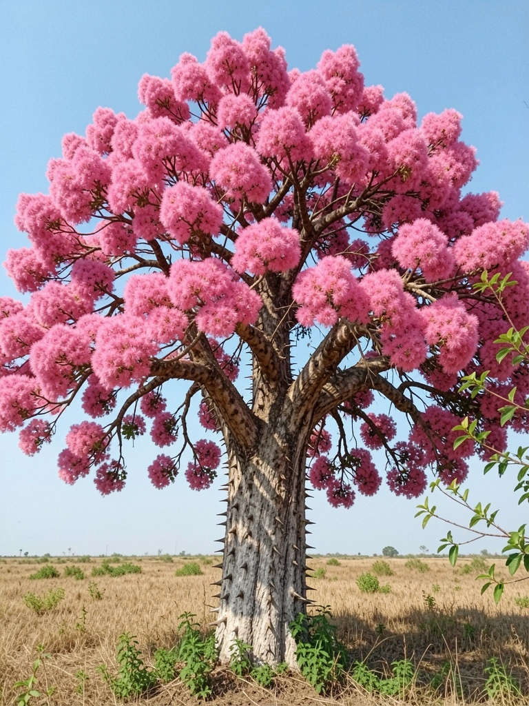 Árvore paineira com flores rosadas e tronco espinhoso contra o céu azul