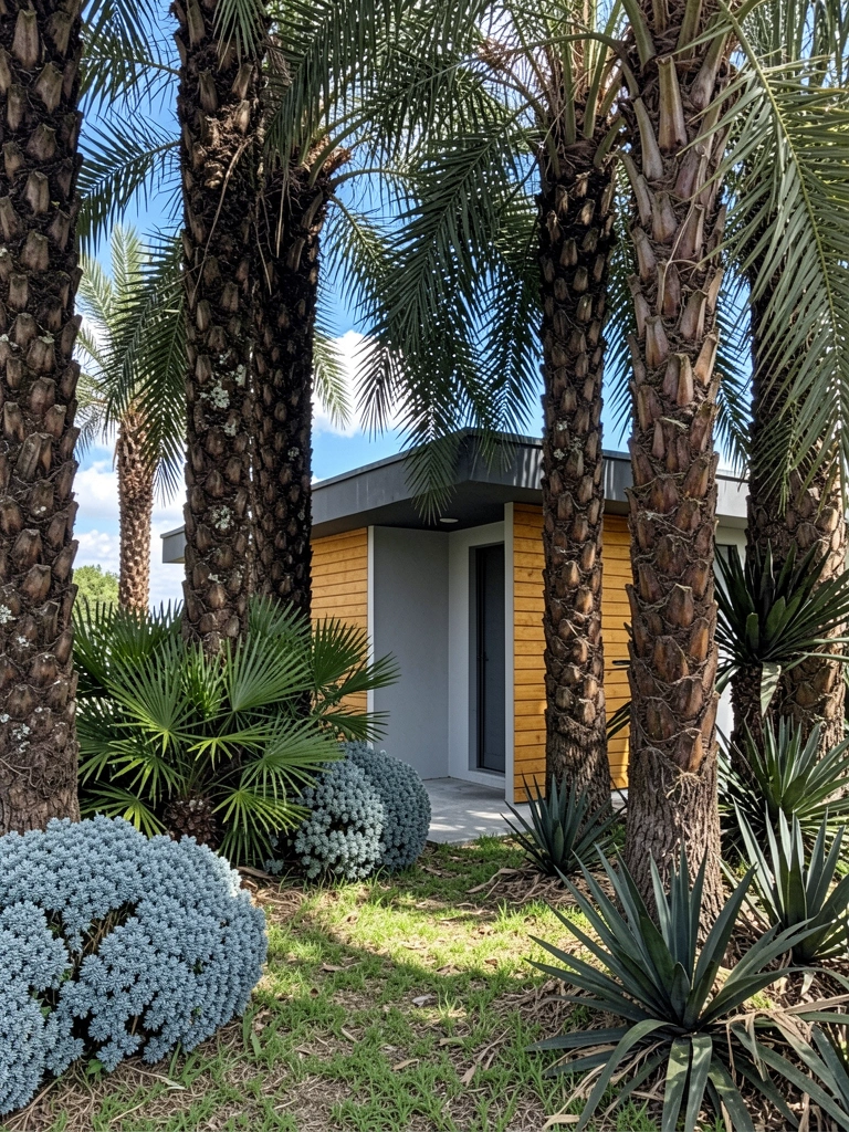 Casa pequena de fachada estreita com jardim frontal desorganizado, plantas e arbustos crescendo sem manutenção.