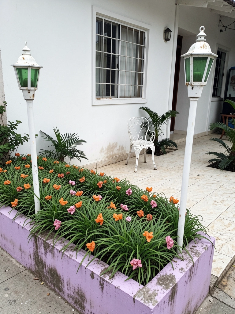 Casa pequena com jardim florido na calçada, cores vibrantes e calçada de concreto