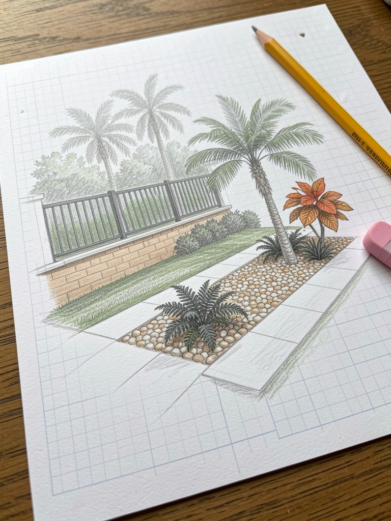 Rascunho de projeto de paisagismo em papel quadriculado, com lápis e borracha sobre a mesa