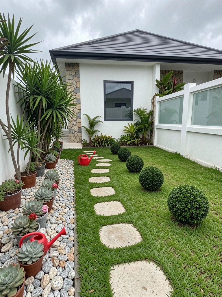 Fachada de casa pequena com revestimento de pedras e jardim tropical na entrada