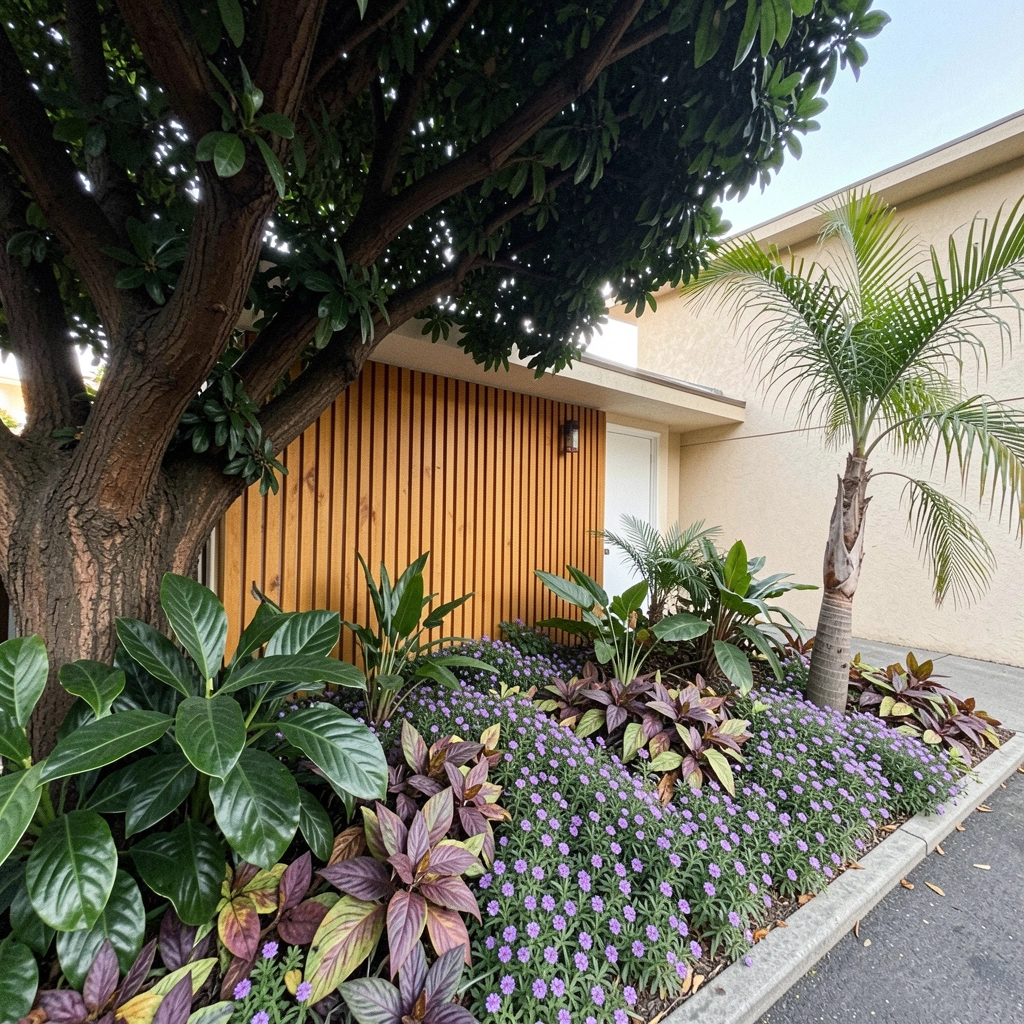 Mosaico de folhas e flores coloridas em um jardim compacto, com combinações de plantas variadas